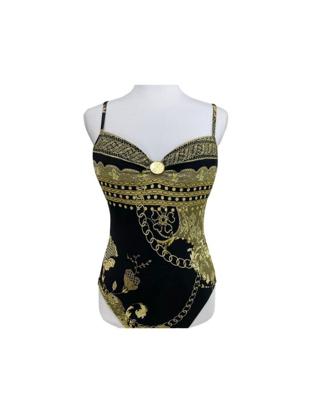 La Perla 48 Black Gold Baroque Chain Print One-Piece Swimsuit US 12/14 MSRP $478